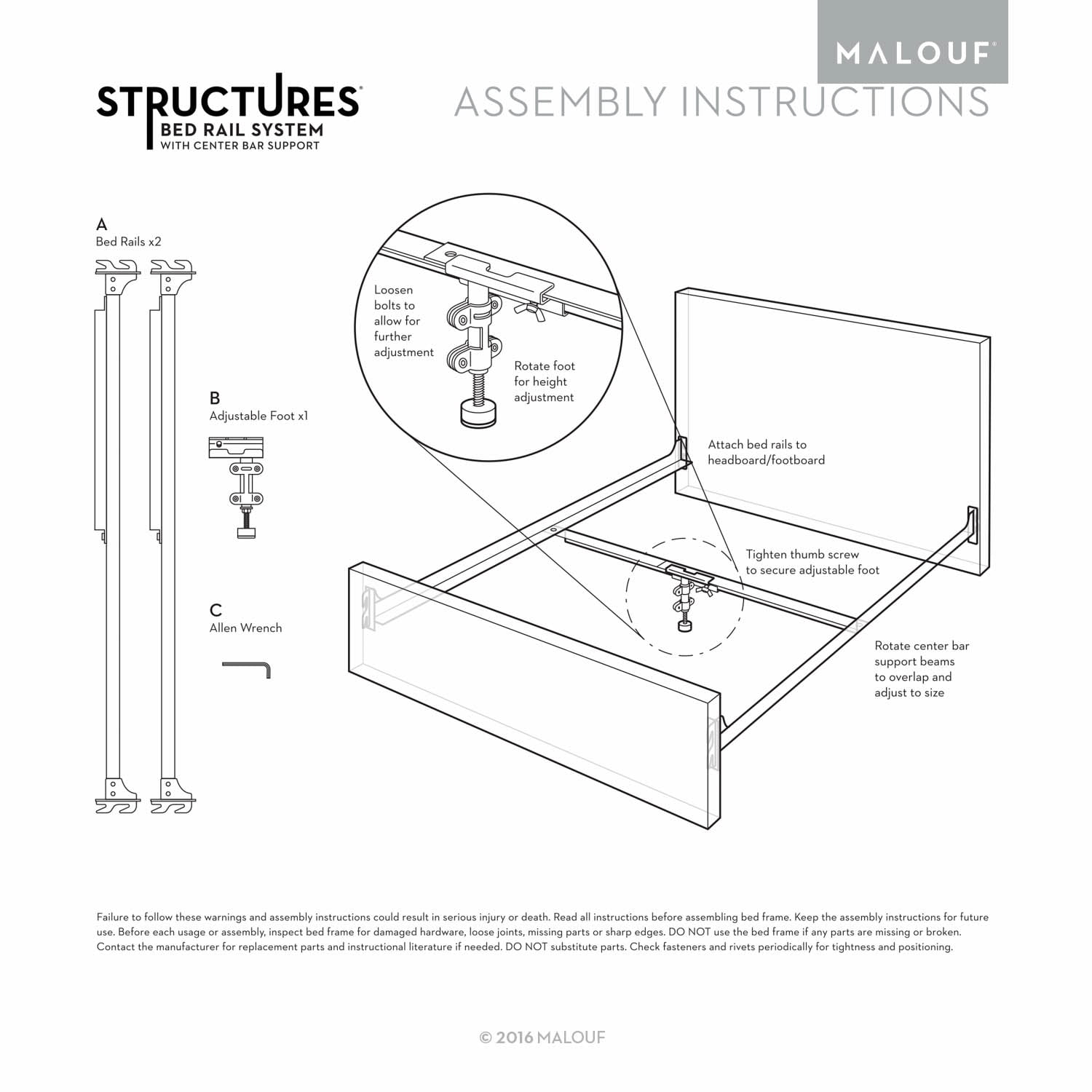 Structures 2 PC Hook-In Bed Rail System with Center Bar Support - Ships in two boxes