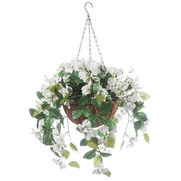 Oakridge Fully Assembled Artificial White Wisteria Hanging Basket 10 Diameter With 18 Long Chain Polyester Plastic Flowers In Metal Coco Fiber Liner Basket Indoor Outdoor Use Walmart Com Walmart Com