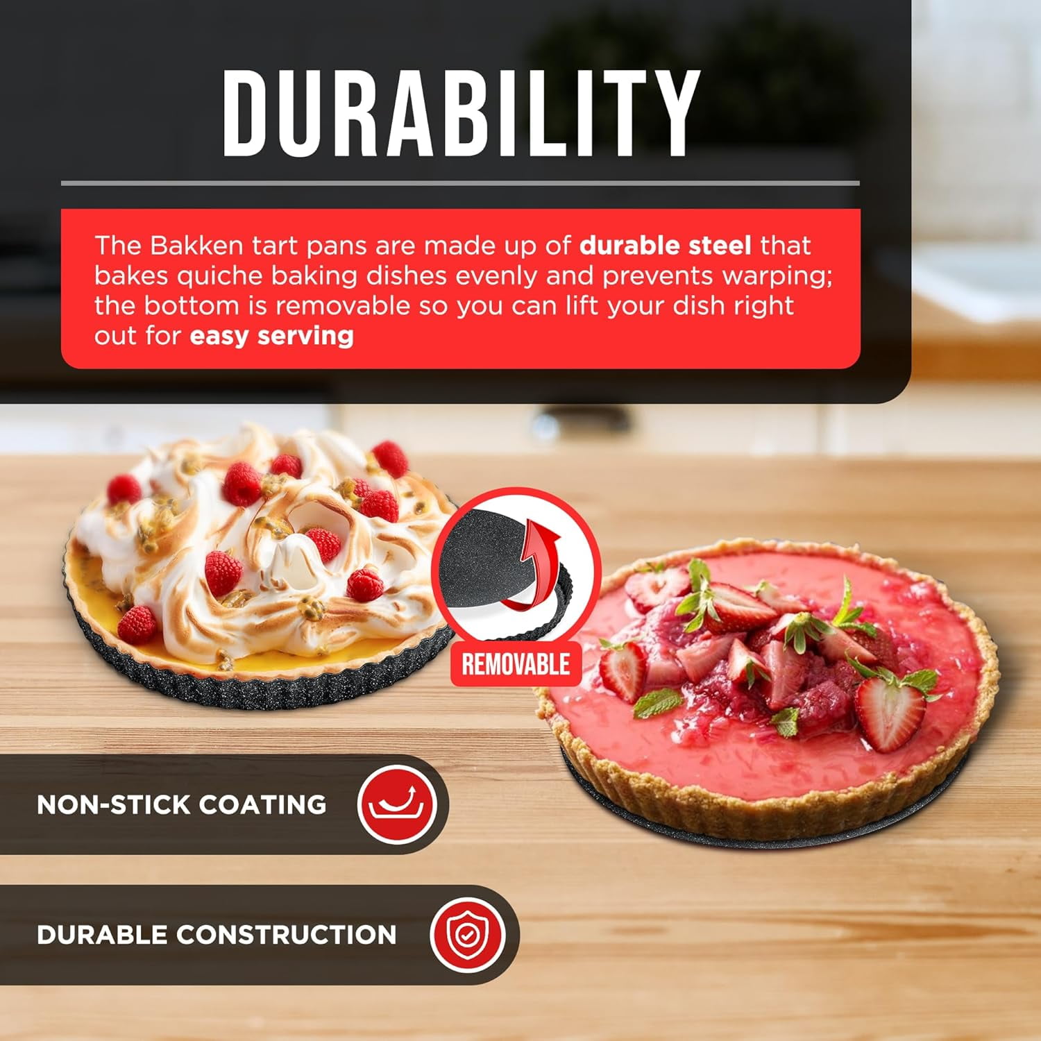 Bakken- Swiss Tart Pan – Quick Release Removable Base, Non-Stick Fluted Edge, Durable Steel - Create Perfect Pies, Fruit Tarts, and Quiches with Ease