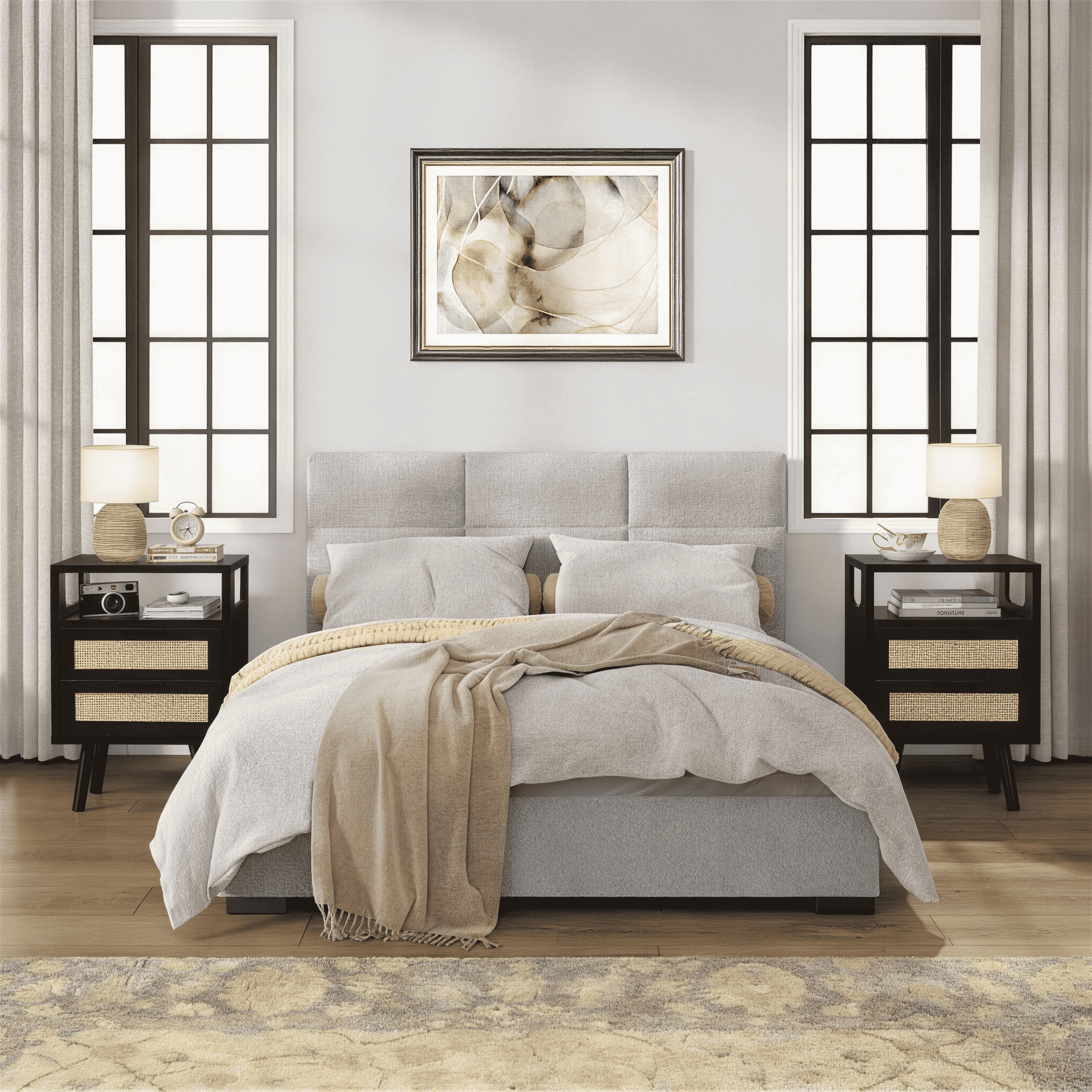 OTONIPU Rattan Nightstands Set of 2 with 2 Drawers, Modern Wood Bedside Tables with Black Handles, Black End Tables