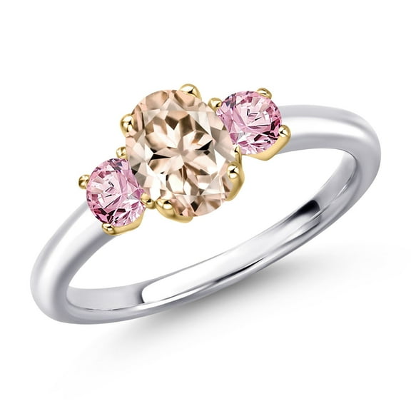 Gem Stone King 925 Silver and 10K Yellow Gold Peach Morganite and Pink Lab Grown Diamond Engagement Ring for Women | 1.01 Cttw | Oval 7X5MM | Gemstone October Birthstone | Size 9
