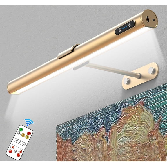 Picture Lights for Wall - 4000mAh Rechargeable Battery Wireless Picture Light with Remote, 3 Color Temps & Dimmable, 15.7 Rotatable Art Light, Memory & Timer Functions, Rose Gold
