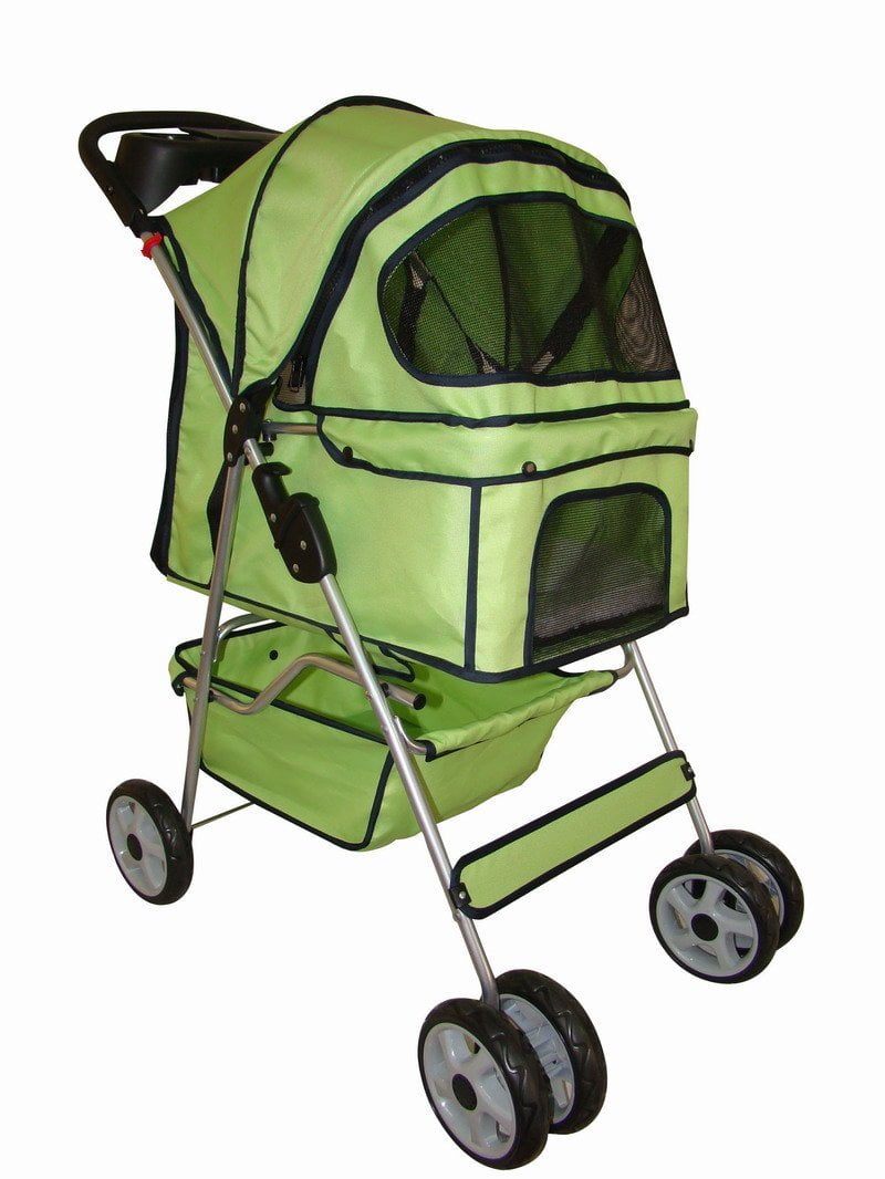 Green BestPet 4 Wheels Pet Dog Cat Stroller W/RainCover
