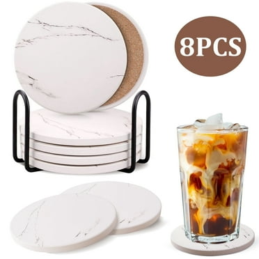 LANNEY 8 Pcs Drink Coasters with Holder, Cork Absorbent Coasters for Drinks, 4 Inches Marble Style Ceramic Coaster for Table Protection, Coffee Table Decor, Housewarming Gifts