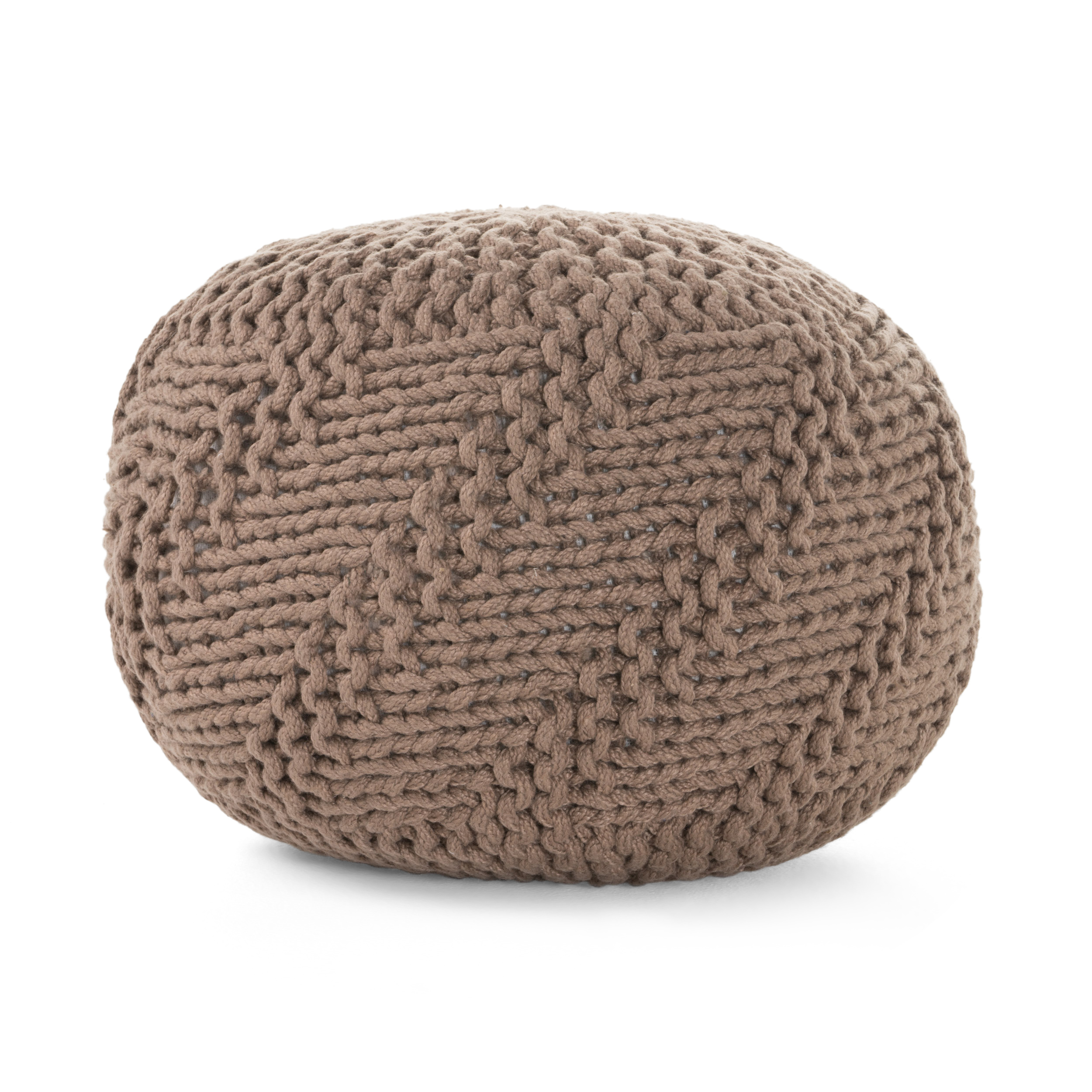 Noble House Potomac Indoor Hand Knit Fabric Pouf, Light Brown