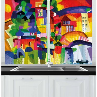 Ambesonne Art Kitchen Curtains, Modern Vivid Buildings, 55"x39", Multicolor