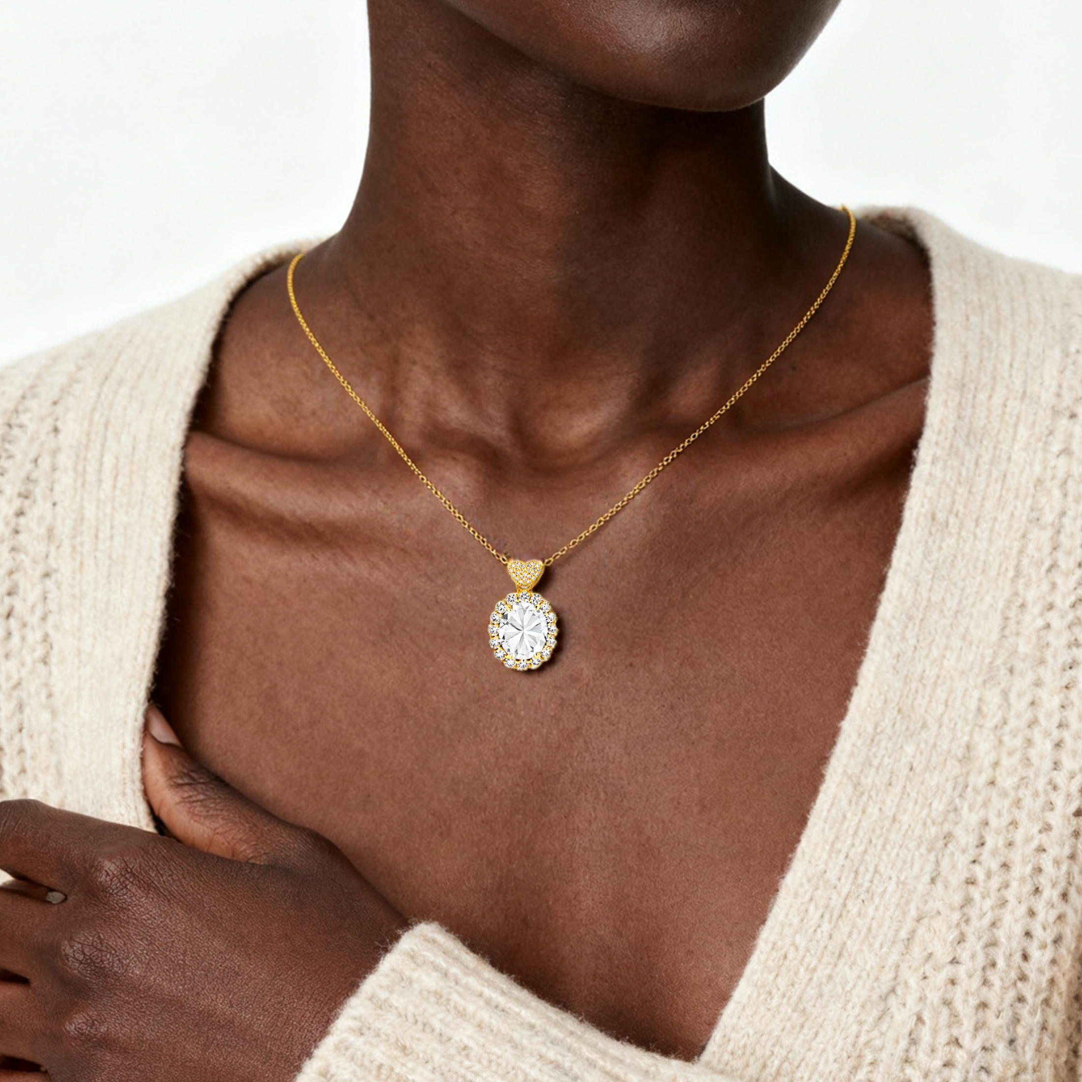 MENGLISI Clear Cubic Zirconia Oval Halo Pendant Necklace for Women, 14K Gold Plated Copper