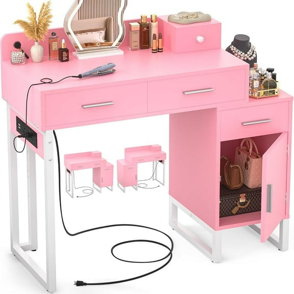 Vanity Desk With 4 Drawers and Cabinet, Makeup Vanity Table With Charge Station Socket, Small Space Makeup Bedside Cupboard, Gift for Her Choice, Suit for Apartment/Dorm/Bedroom, Cute Pink