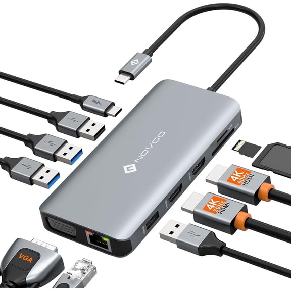 NOVOO 11-in-1 USB-C Docking Station, Dual HDMI, VGA, Ethernet, 100W PD Multiport Adapter for Laptops