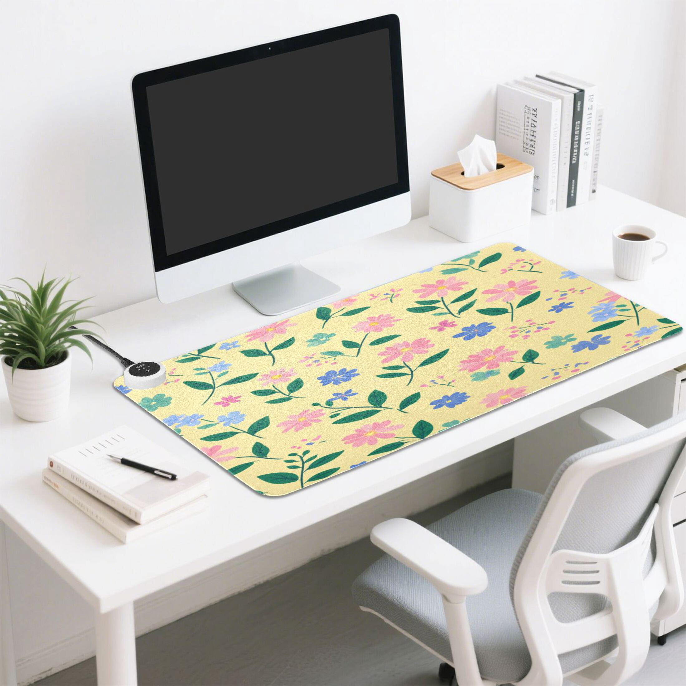 Large Heated Desk Mat Mouse Pad 31.5"x13"PU Leather Graphene Heating Desk Warmer with 3 Temperature Settings 110V US Plug Non-Slip Warm Pad for Home, Office, and Gaming Spring Meadow Floral Print