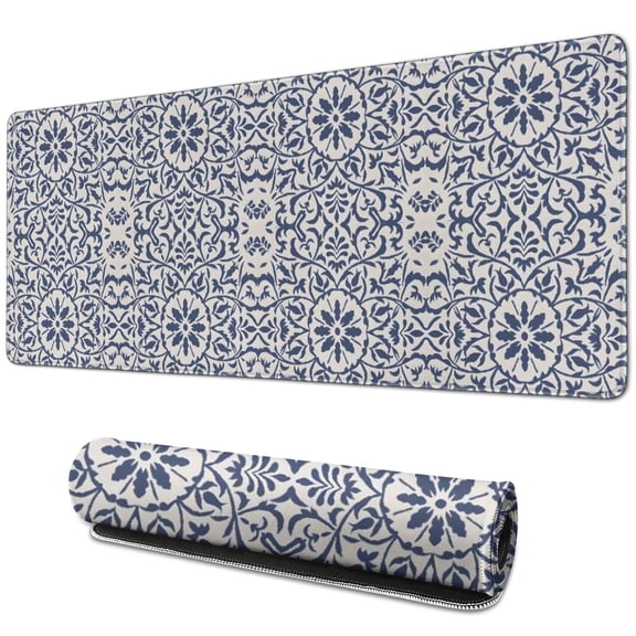 Long Mouse Pads for Desk,Blue Traditional Floral and Vine Pattern Desk Mats on Top Of Desks, Desk Mouse Pad Extra Large with 3mm Non-Slip Base and Stitched Edge for Gaming,Office,Work,Home 31.5"x11.8"