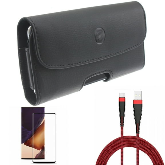 10ft USB Cable & Case Belt Clip & Screen Protector for Samsung Galaxy Note 20 Ultra (6.9") - Combo with Type-C Charger Cord & Leather Holster & Tempered Glass (Fingerprint Unlock)