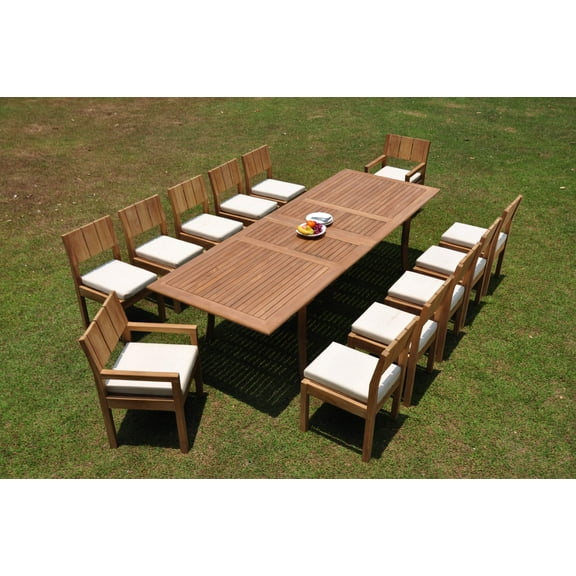 Grade-A Teak Dining Set: 12 Seater 13 Pc: 118" Double Extension Rectangle Table And 12 Veranda Chairs (2 Arm & 10 Armless Chairs) WholesaleTeak #WMVR42