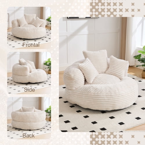 Oversized Bean Bag Chair with Armrest & 3 Pillows, Corduroy Bean Bag Sofa for Adults, High-Density Memory Foam Filling, Lazy Lounger for Bedroom, Living Room, Dorm, Beige