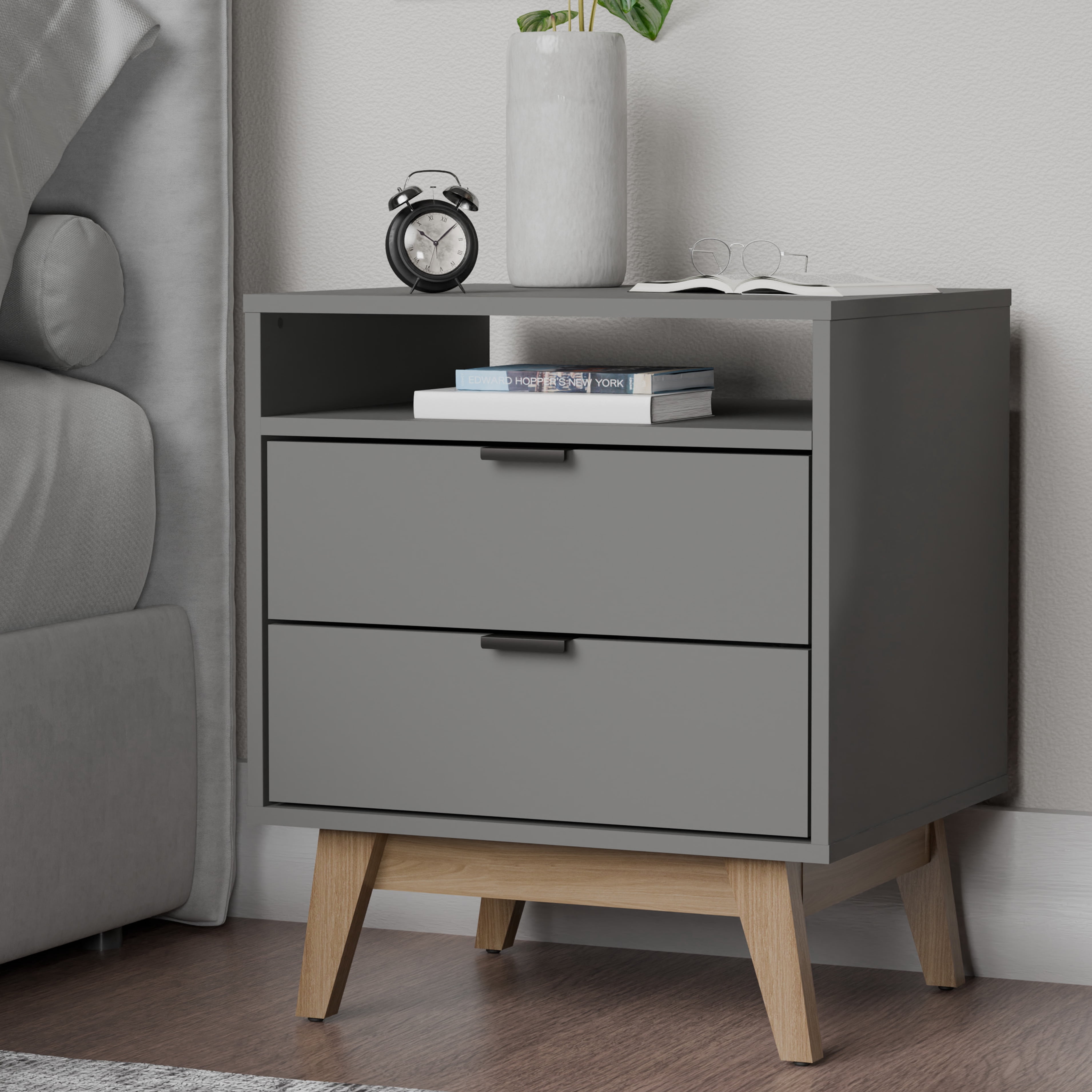 Kappesberg Hanford 2-Piece 21.25"W Mid-Century Modern 2-Drawers Nightstand - Gray - for Adults and Teens