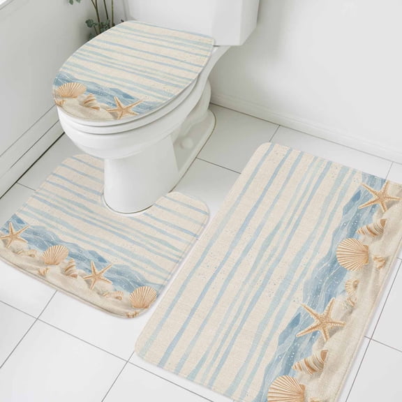 Summer Beach Seashell Bathroom Rugs Set Ocean Watercolor Sea Shell Starfish Stripe Linen Non Slip Absorbent Bath Mats 3 Piece Set with Bathroom Rug, U-Shaped Floor Mat, Toilet Seat Cover Small Size