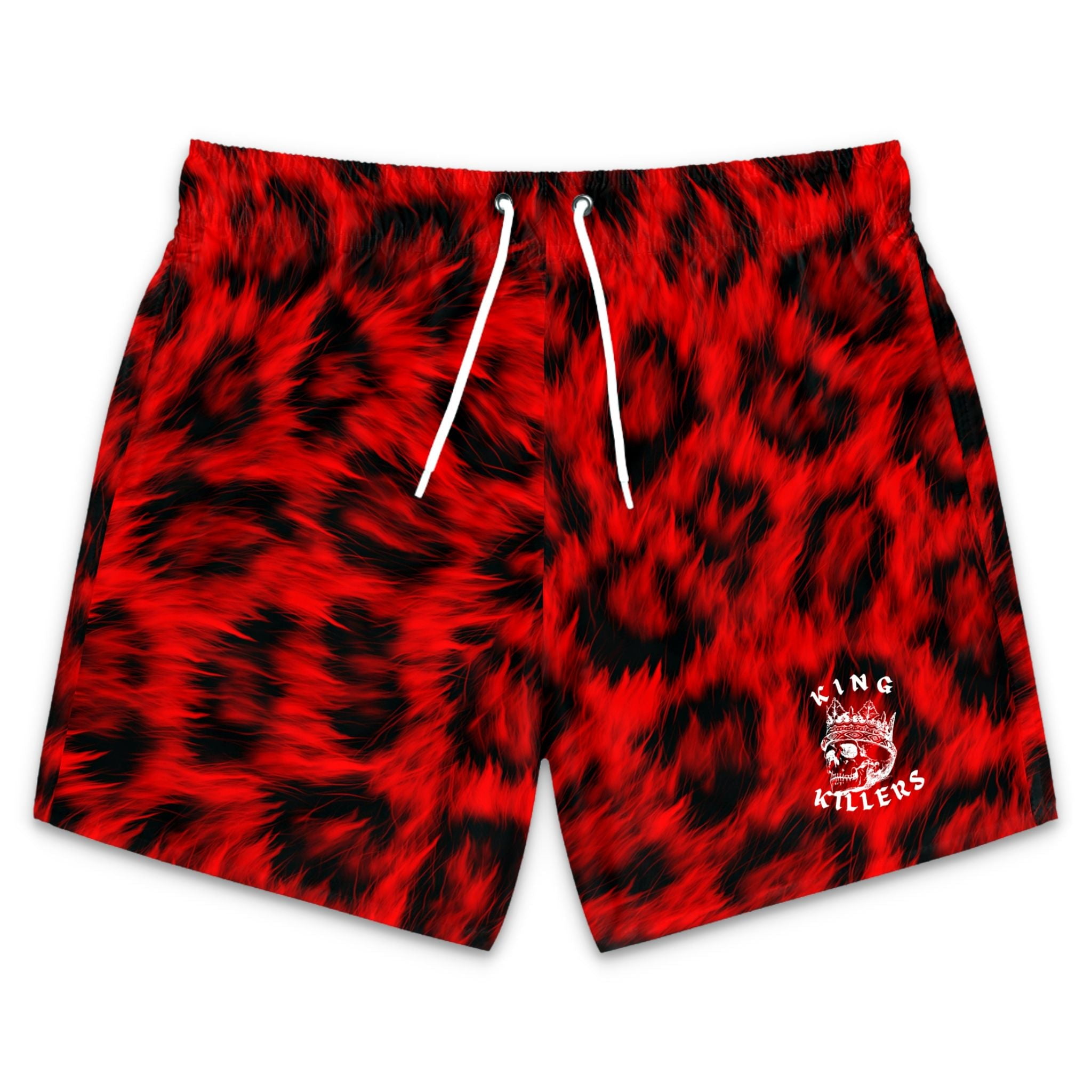 Red Leopard Print Mid-Thigh Cut Swim Shorts for Young Adults
