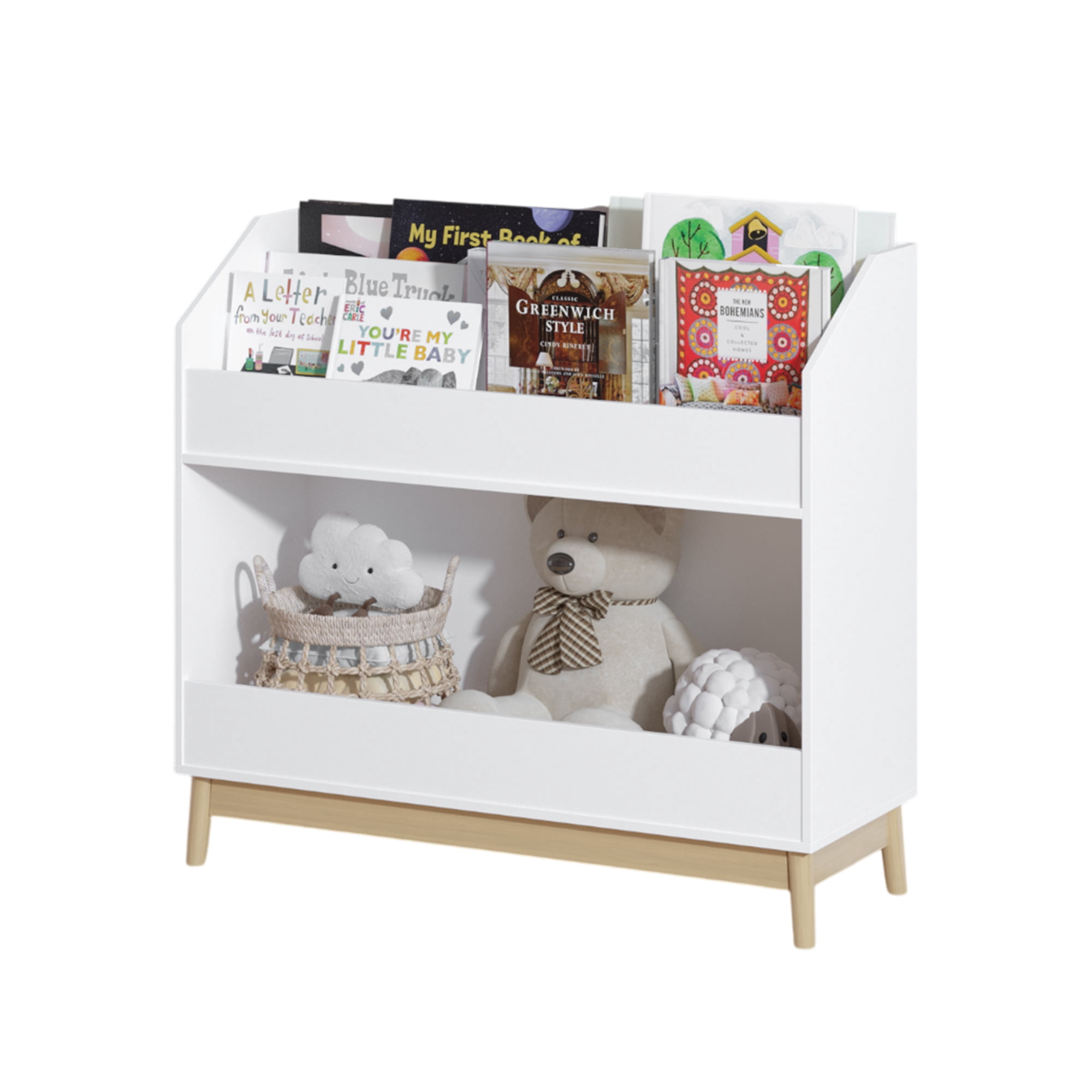 Toddler Book Display Shelf with Storage, Wooden Kids Bookcase Organizer for Bedroom or Playroom, White