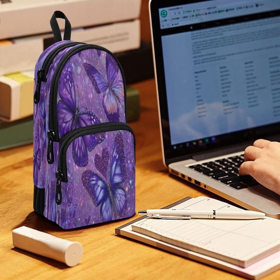 Backpack Pencil Case, 3 Compartment Large Capacity Oxford Fabric Pencil Pouch / Shimmering Purple Butterflies