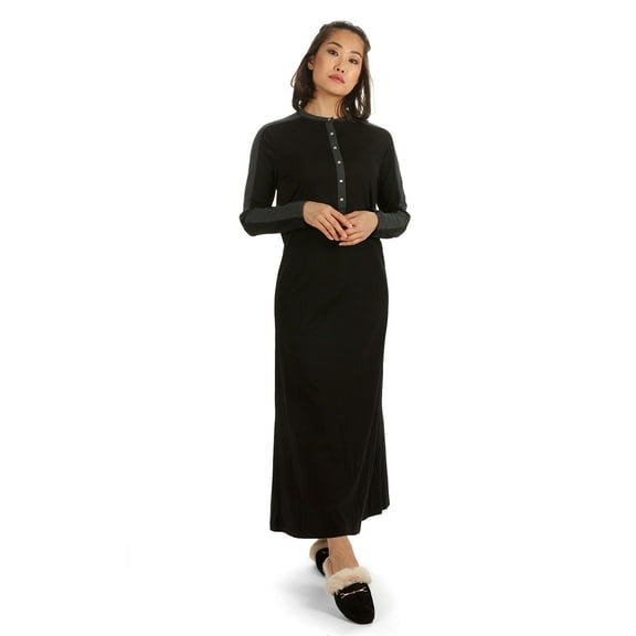 MeMoi Women's Modest Long Placket Ankle-Length Cotton Blend Gown - Womens - Female, Small, Black