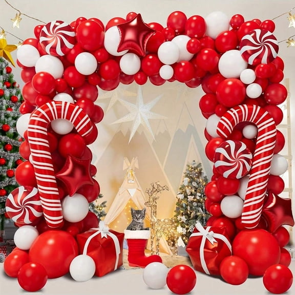 136Pcs Christmas Balloon Set – Red & White Foil and Latex Balloons with Stars, Candy, Pinwheel & Gift Box for Party, Classroom, Birthday, Home Decor