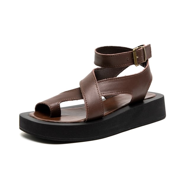 Sandalias AIYUQI de cuero genuino para mujer, novedad de verano 2023, sandalias con punta de Clip, zapatos romanos para mujer, sandalias Muffin WHS MTO Tan Jianjun unisex