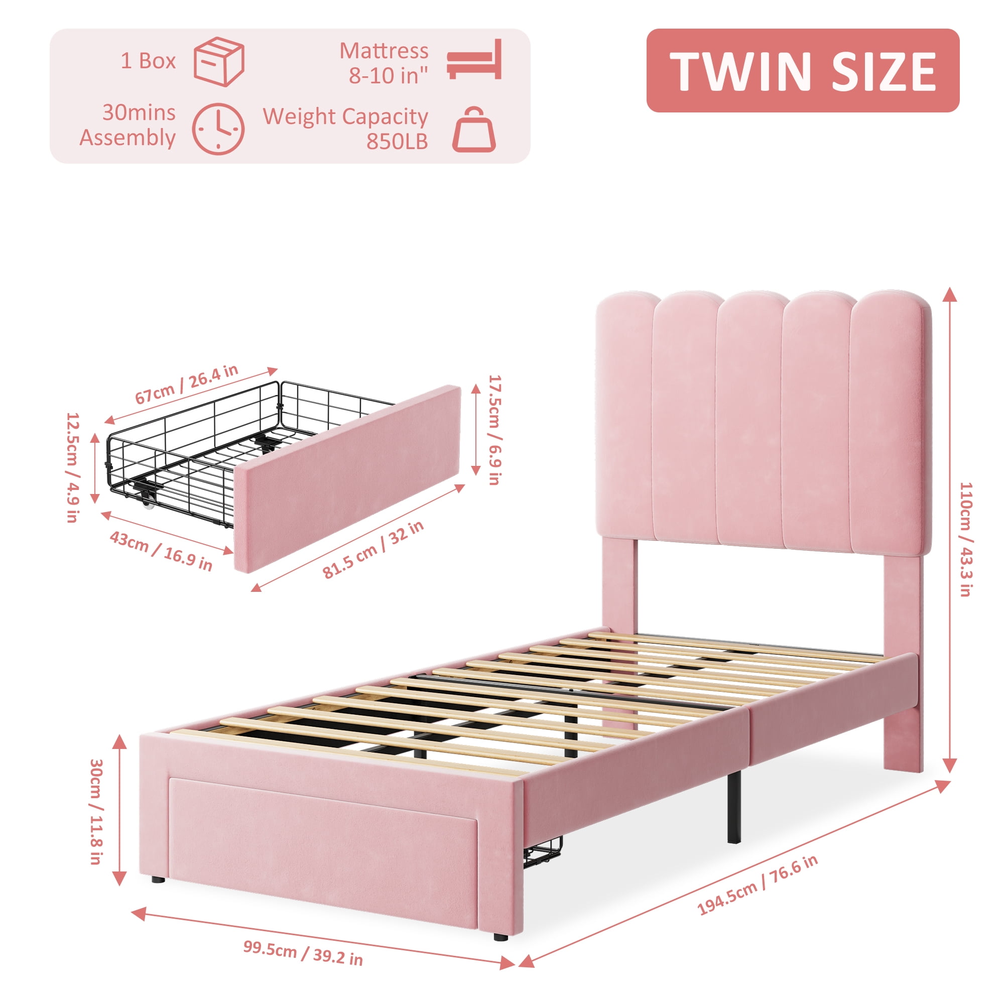 Towallmark 2025 New Twin Bed Frame with Under-Bed Drawer, Low Profile Upholstered Platform Bed with Wave Headboard, Wooden Slats Support, Flannel Pink