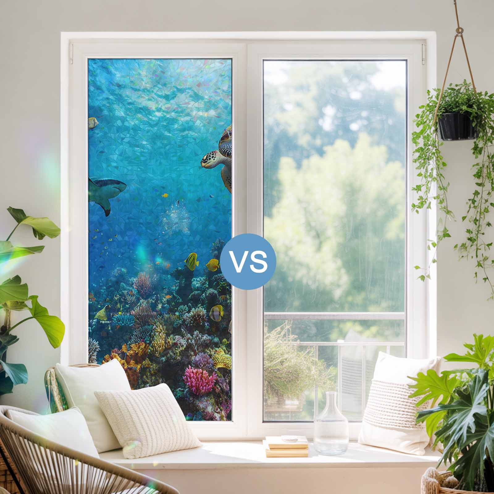 Turtle Window Privacy Film Rainbow Static Cling Stain Glass Window Film for Glass Door, Decorative Sunroof Decal Sticker for Car Bathroom Home 23.6"x59" Blue Ocean Sea Shark Coral Cartoon Fish Summer
