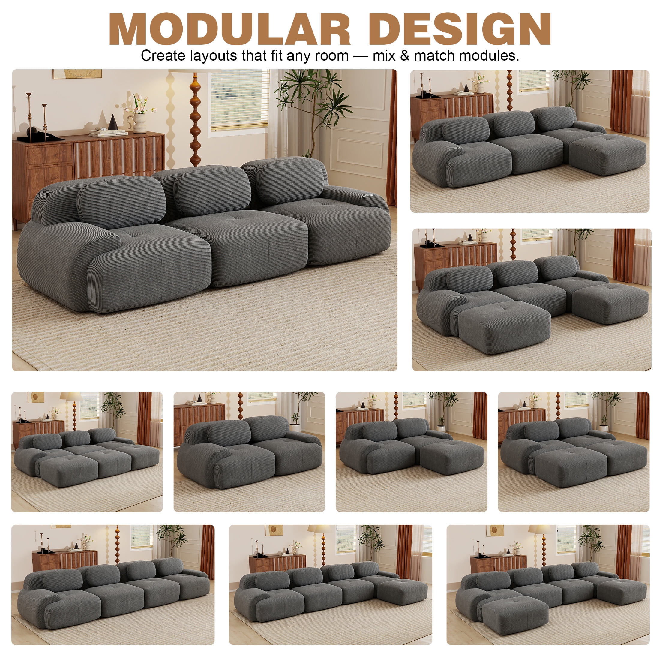 Aukfa 118" Modular Sectional Sofa, 3-Seater Deep Seat Couch for Living Room, Corduroy, Gray