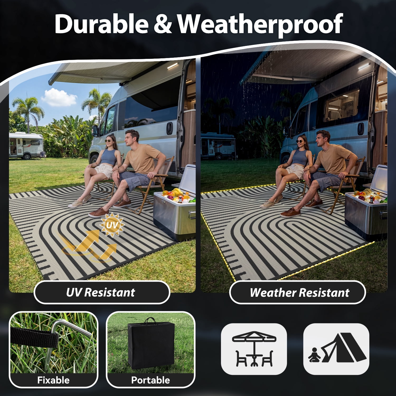 VUNATE Outdoor Rug with LED Strip Lights 8'x10' Waterproof Reversible Patio Rug Plastic Straw Lightweight Indoor Outdoor Rug for RV Camping Deck Balcony Boho Porch Decor Gray and Beige