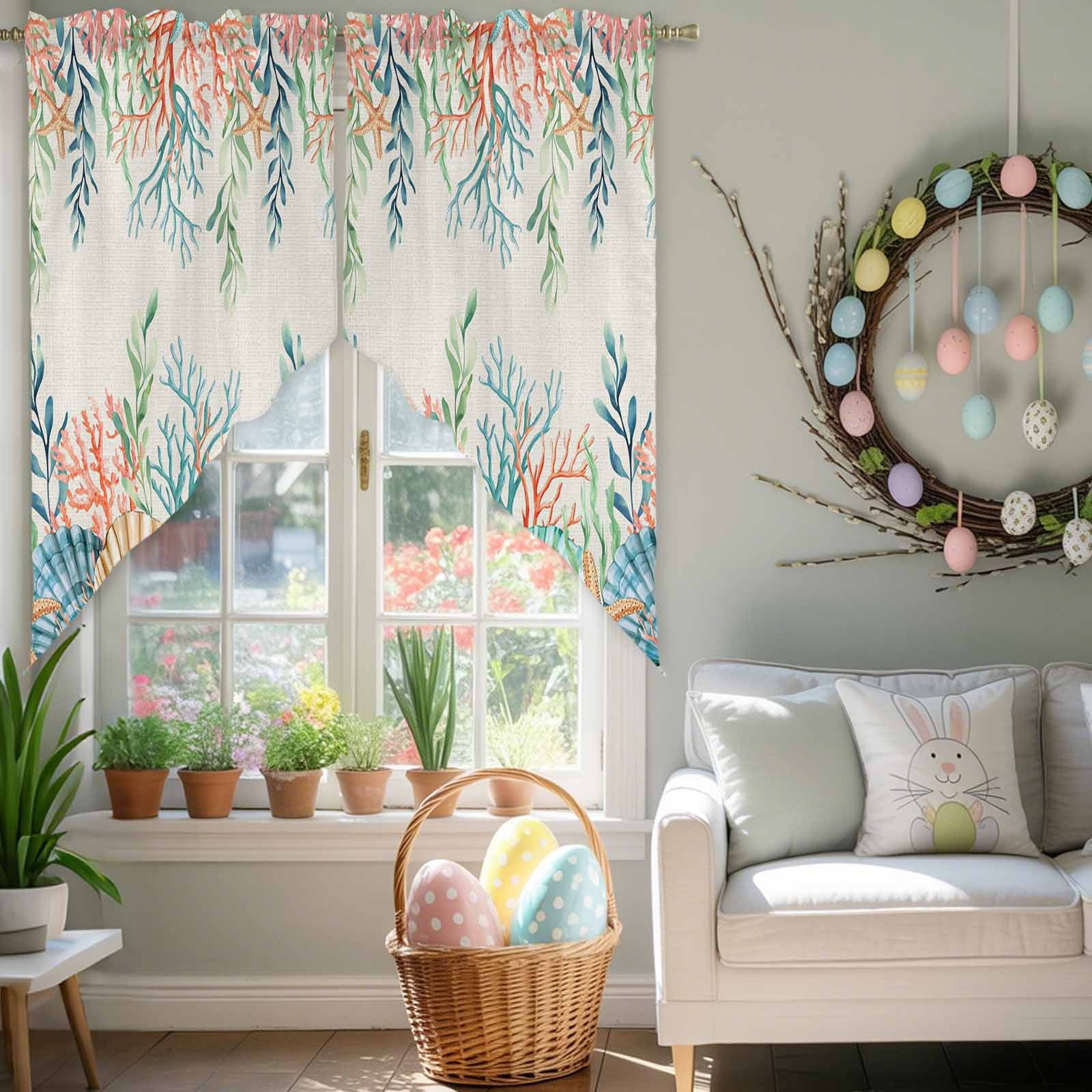 Summer Beach Swag Kitchen Curtain Valances, Ocean Colorful Coral Shell Seaweed Starfish Linen Rod Pocket Curtains Window Treatment Decor Valances for Bedroom Bathroom, 2 Panels 36 x 45 Inch