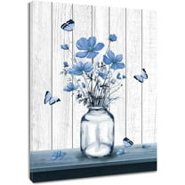 Blue Rustic Floral Wall Art Aesthetic Flower with Butterfly Canvas Wall Art Farmhouse Plant Vertical Wood Framed Prints Wall Decor for Bathroom Living Room Bedroom Kitchen Office,12Wx16L inch