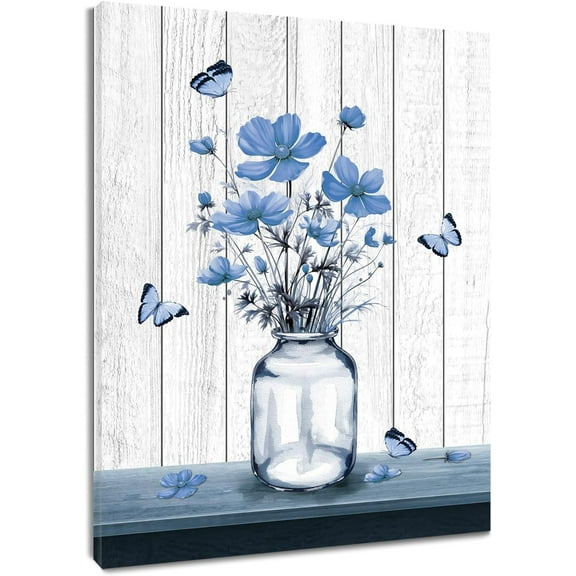 Blue Rustic Floral Wall Art Aesthetic Flower with Butterfly Canvas Wall Art Farmhouse Plant Vertical Wood Framed Prints Wall Decor for Bathroom Living Room Bedroom Kitchen Office,12Wx16L inch