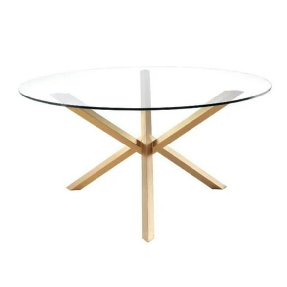 Table de salle à manger Nudo avec base dorée en acier inoxydable et plateau en verre trempé