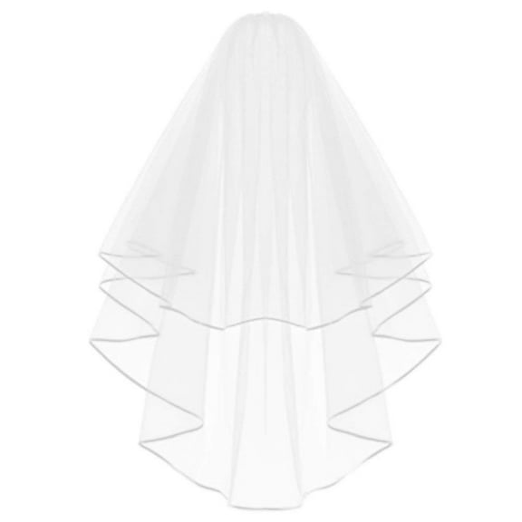 Simple and Elegent Wedding Veil Bridal Tulle Veils with Comb and Lace Ribbon White Double Ribbon Edge Center Cascade