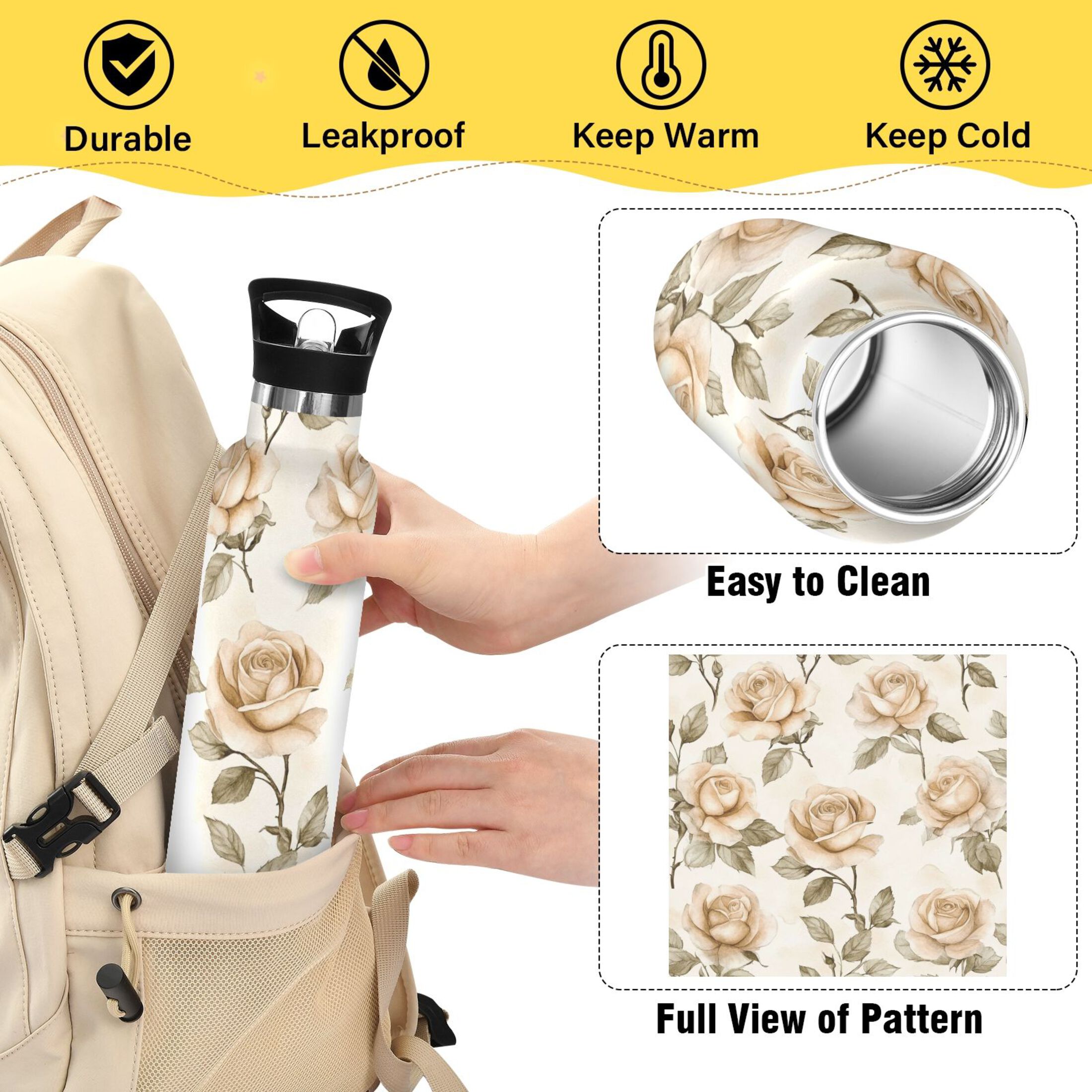 600ML Stainless Steel Insulated Cup Sports Water Bottle Portable Thermos Cup Water Glasses Insulated Tumblers Convenient and Durable Cartoon Beige Roses Seamless