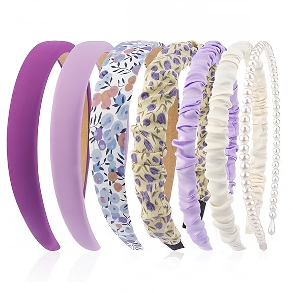 TUWAFE 7Pcs Headbands for Women, Non Slip Wide Floral Padded Headband Cute Pearl Hairbands for Womens Gilrs Thin Thick Short Hair Fashion Accessories, Purple