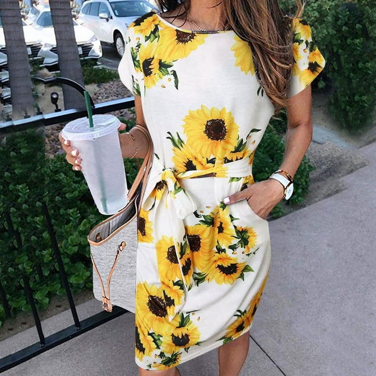 Women Vintage Short Sleeve Sunflower Pocket Tie Front O-Neck Mini Dress  Casual Slim Design T-Shirt Dress Cute Casual Dresses for Women Ladies Dress  ...