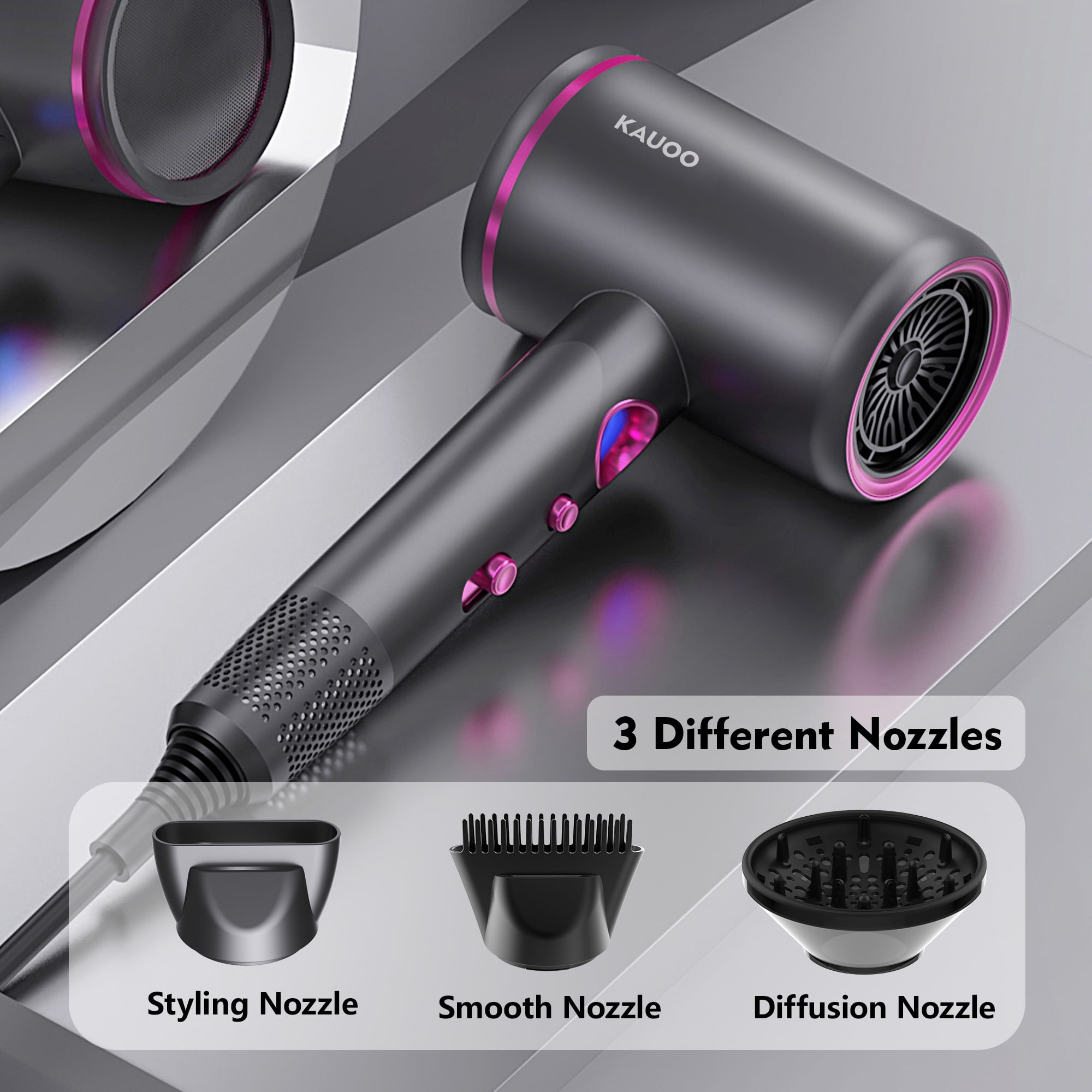 Kauoo Hair Dryer with Diffuser, 1800W Professional Ionic Blow Dryer for Hair Care,Fast Drying Hairdryer, Gray, Gift for Christmas Day