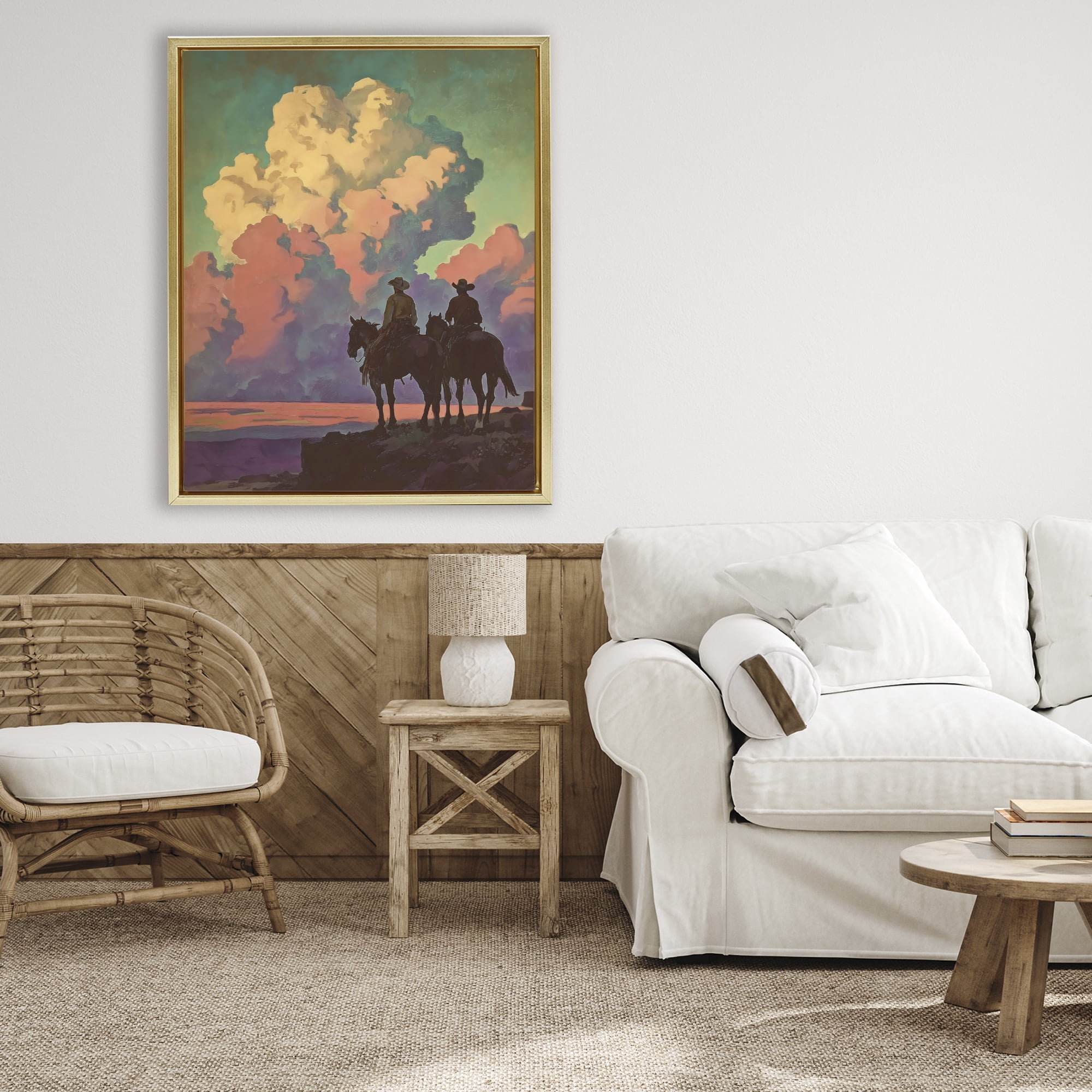 Stupell Industries Cowboys Silhouetted Against Clouds Gold Framed Floater Canvas Wall Art, design by Arlington Prints