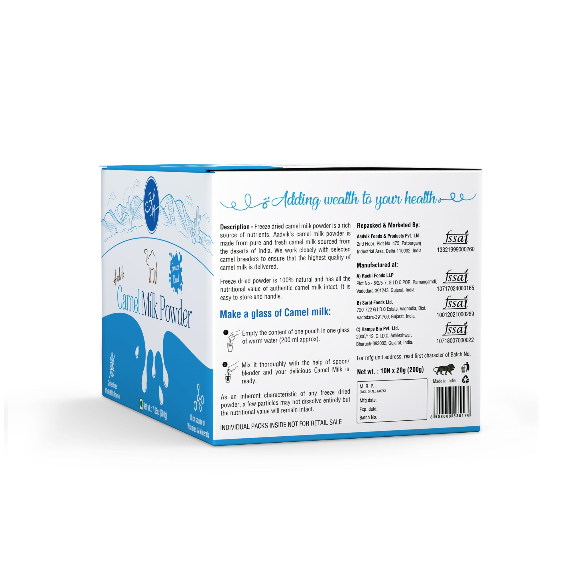 Aadvik Camel Milk Powder | Freeze Dried | Pure and Natural | 20g x 10 sachets | 200 GMS