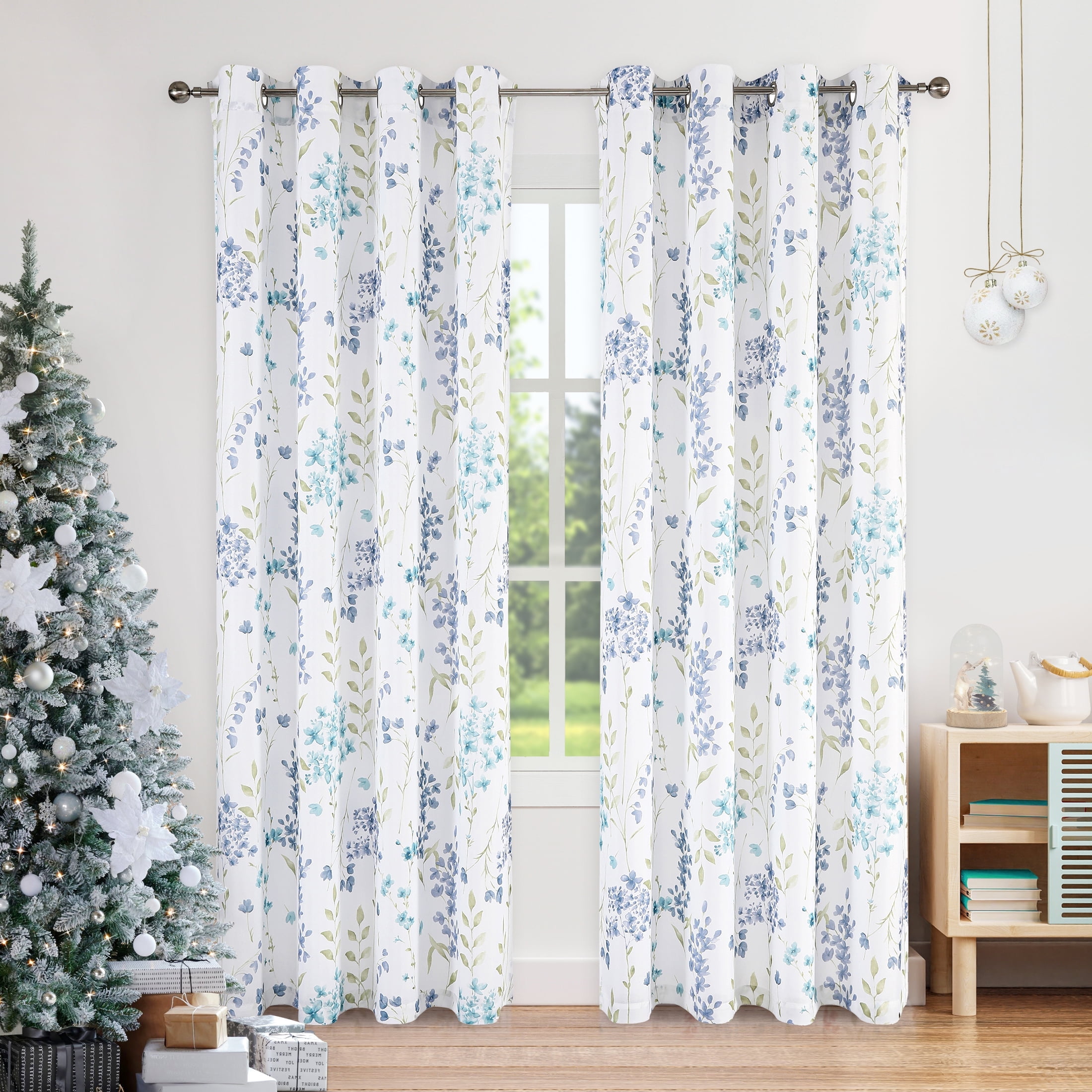 Bohogeo Farmhouse Blue Floral Grommet Light Filtering Bedroom, 56” x 95” (2 Panels)