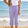 thumbnail image 6 of Twczz Girls Cotton Linen Capris with Pocekts- Casual Summer Baggy Elastic Waist Kids Beach Shorts Purple Size 4, 6 of 7
