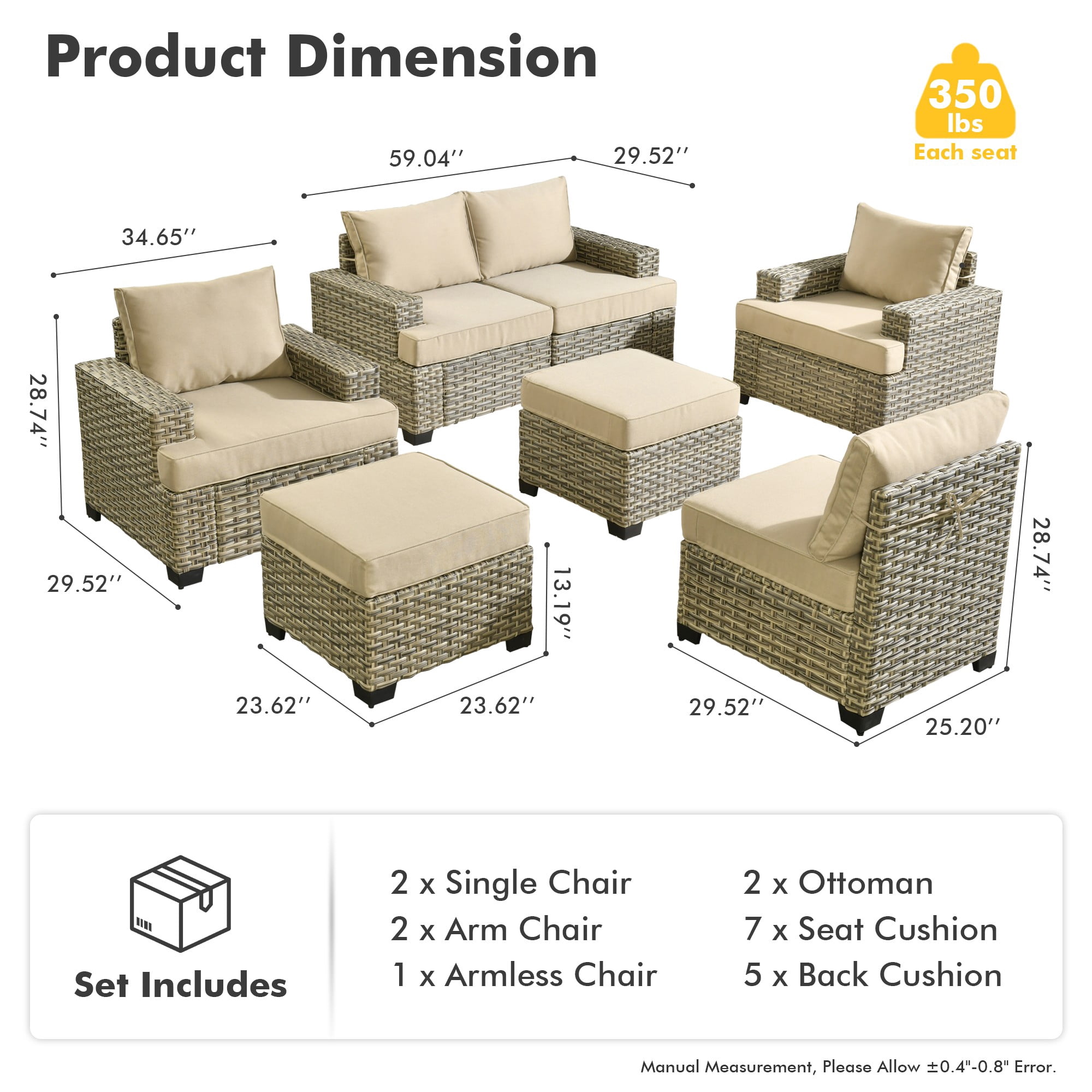 XIZZI Outdoor Patio Furniture Sets, 7 Pieces Outdoor Sectional wicker patio furniture with Cushion Ottoman, All-Weather Waterproof Outdoor Conversation set for Porch, Beige