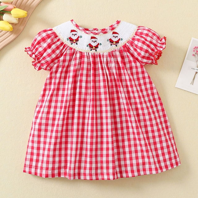 Vestido de verano para niñas pequeñas, manga corta, bordado de dibujos animados navideños, ropa de rejilla para niñas pequeñas