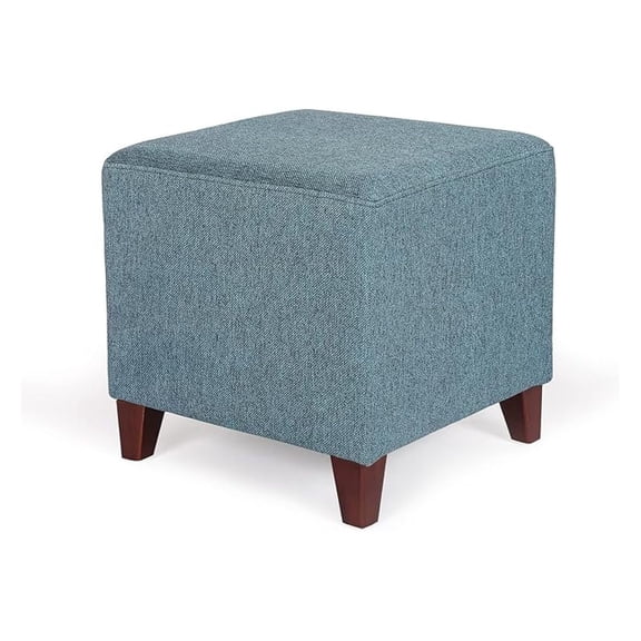 Small Foot Stool Ottoman, 16.5" Linen Cube Ottoman Foot Rest with Wood Legs, Upholstered Ottomans Footstool for Living Room, Bedroom, Couch, Cyan