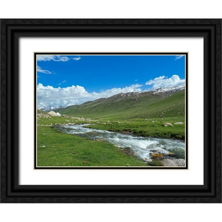 Zwick, Martin 24x19 Black Ornate Wood Framed with Double Matting Museum Art Print Titled - Landscape with Yurt at the Otmok mountain pass in the Tien Shan or heavenly mountains-Kyrgyzstan