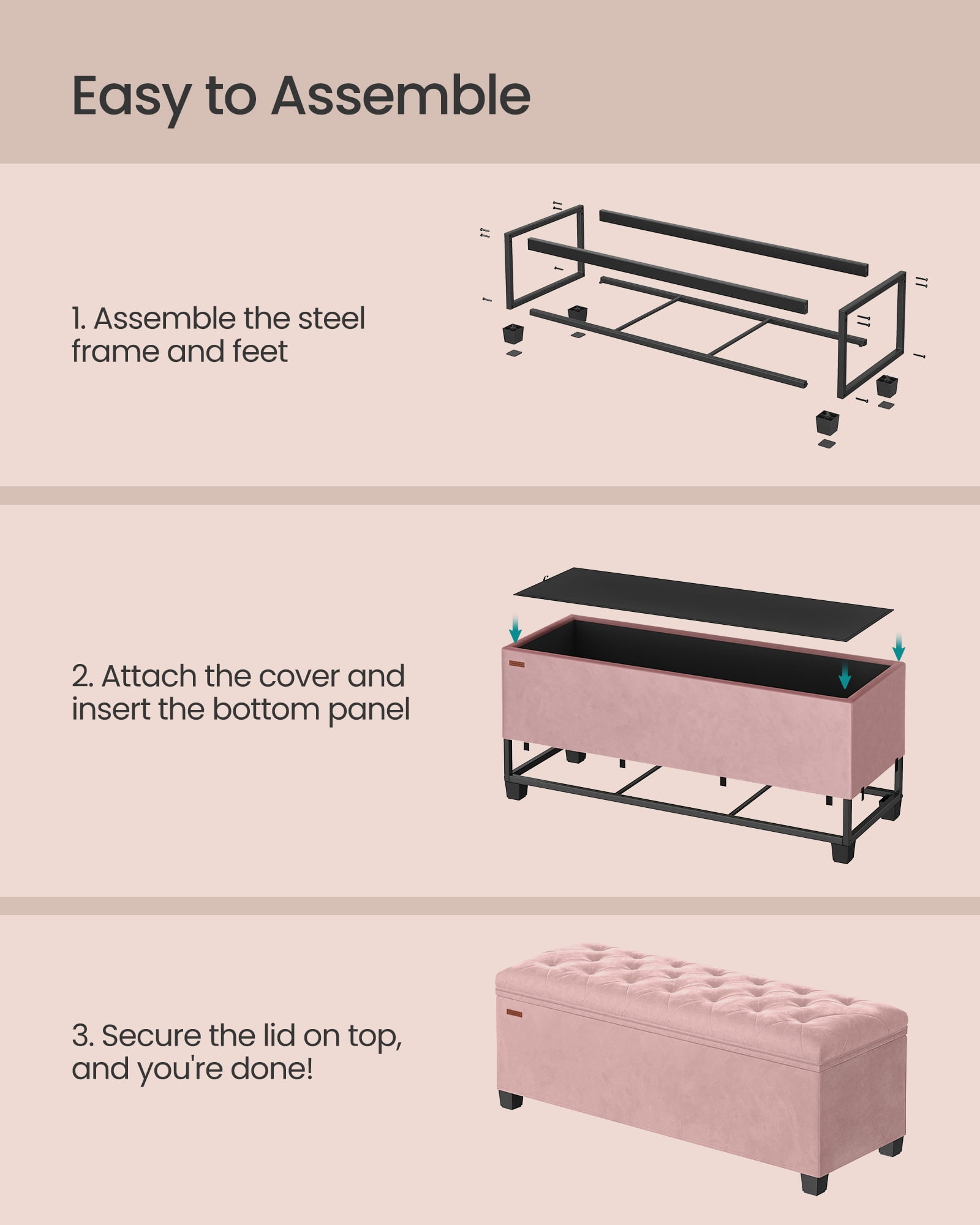SONGMICS 43" Storage Ottoman Bench End of Bed Bench Pink Ottoman with Storage Load up to 660 lb for Living Room Bedroom