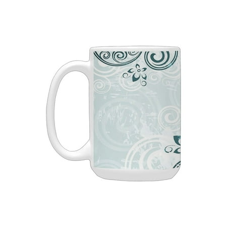 

Floral Vintage Swirled Lines Leaves Petals Shabby Chic Elegance Classic Image Baby Blue Jade Green Ceramic Mug (15 OZ) (Made In USA)