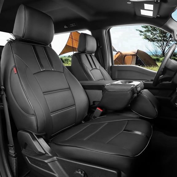 overdream F150 Seat Covers for 2021-2026 Ford F150 SuperCrew XL,XLT,STX/F150 Lightning(2022-2024)/Super Duty(2023-2026) XL,XLT,w/No Rear Armrest - Leather Seat Protector(Full Set,Black&Carbon Fiber
